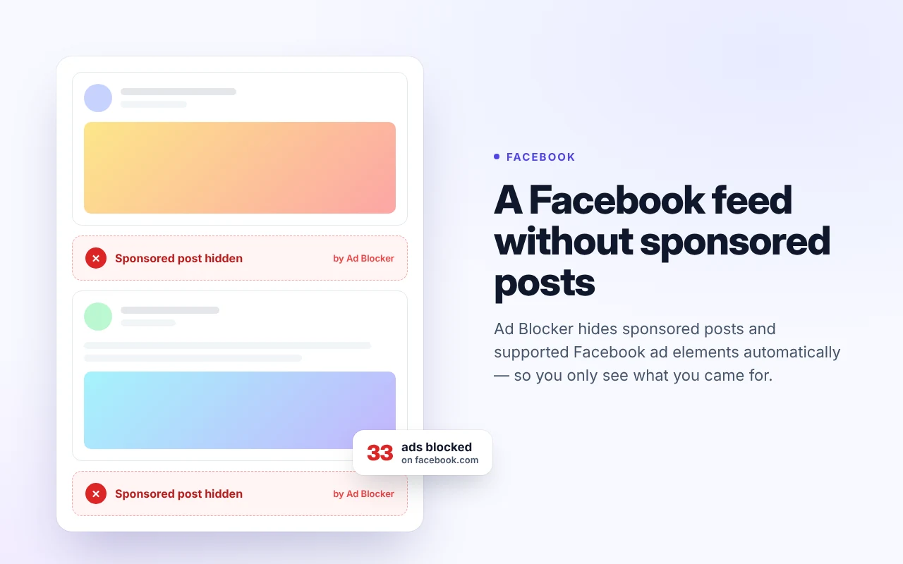 A Facebook feed with sponsored posts hidden by Ad Blocker
