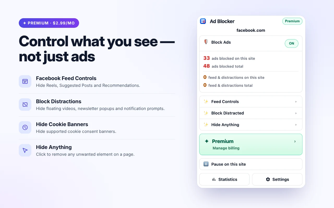 Ad Blocker Premium Feed Controls and distraction options
