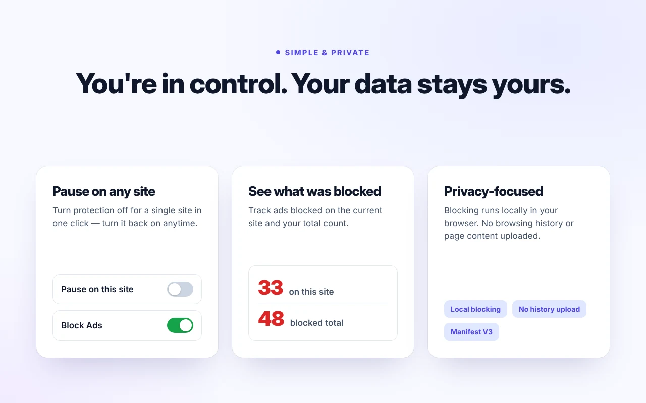 Pause on any site and local blocking with no history upload