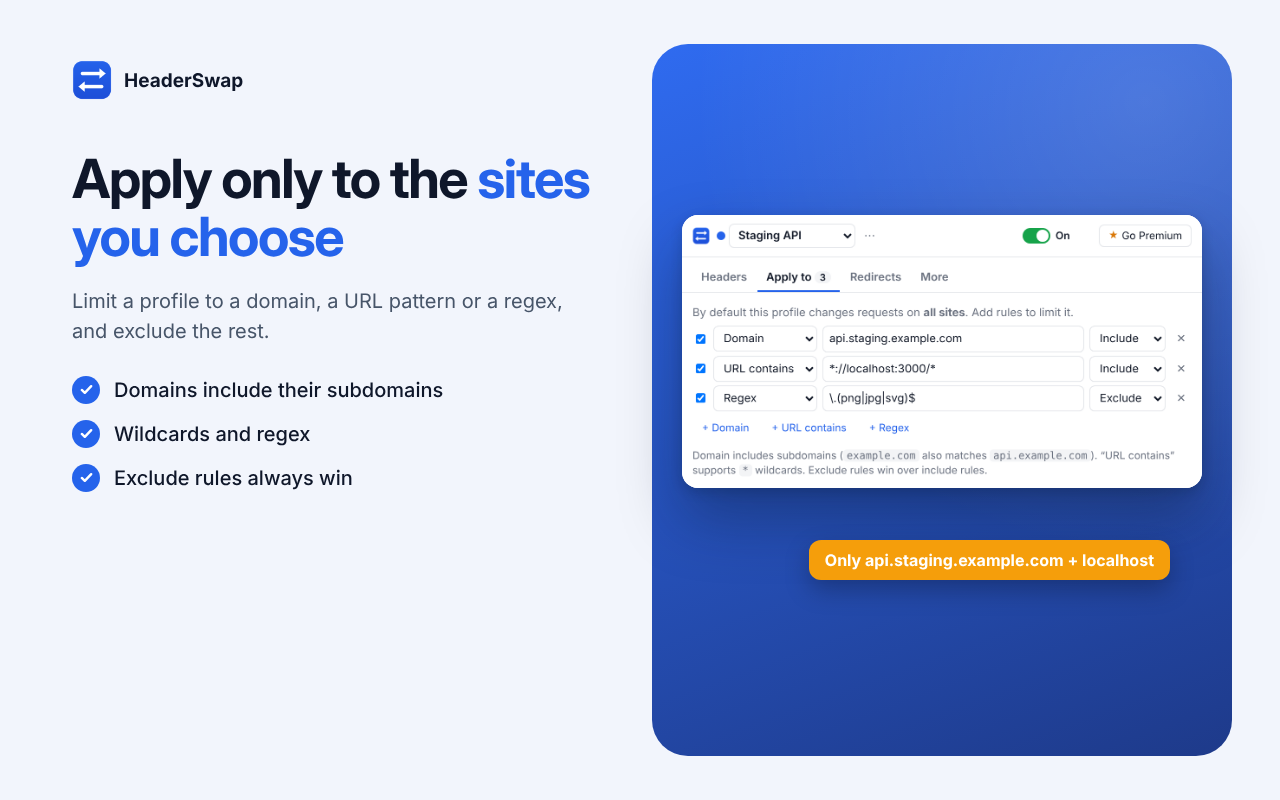 HeaderSwap filters limited to selected domains