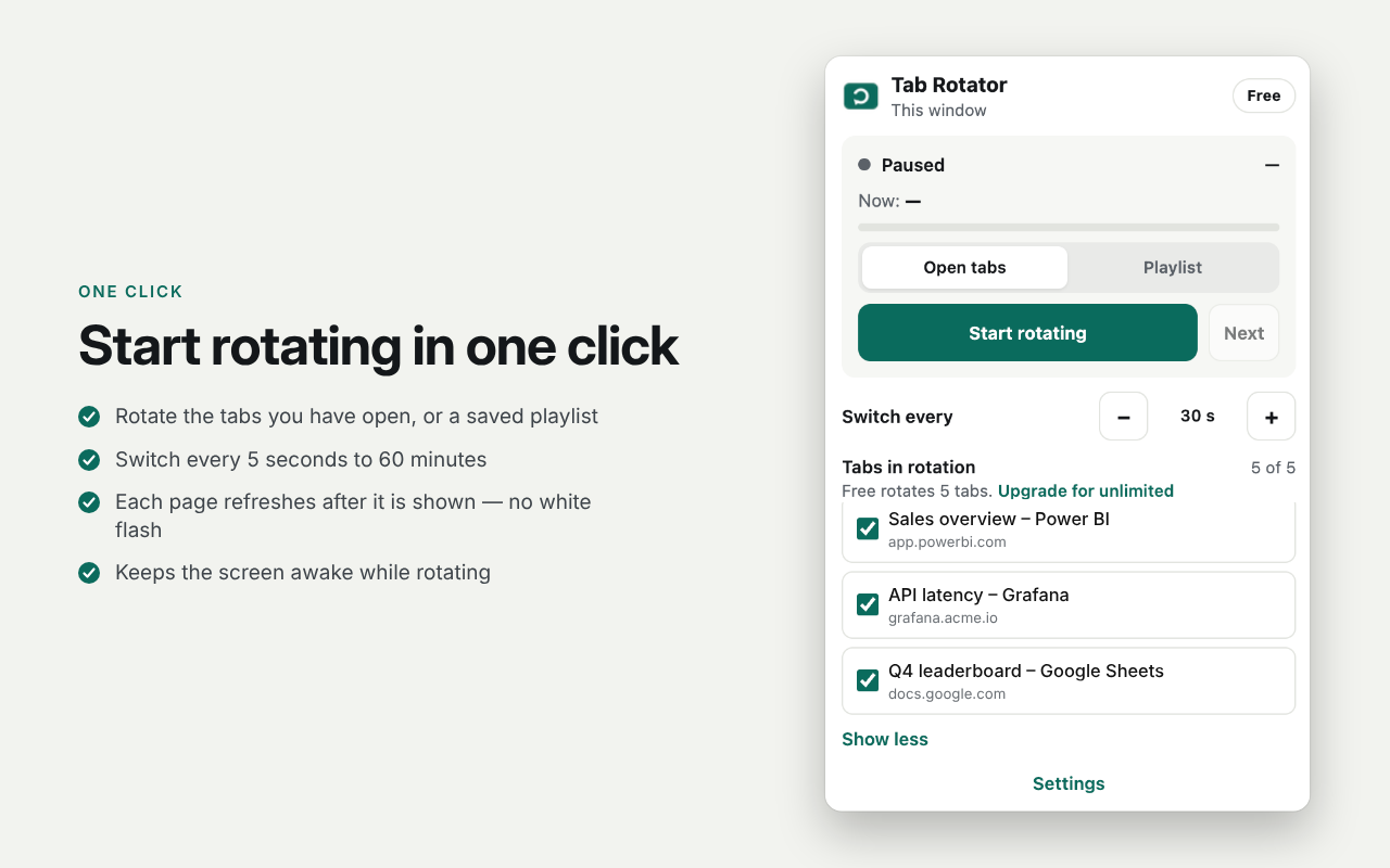 Start rotating tabs from the Tab Rotator popup