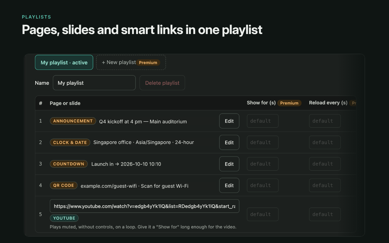 Pages, slides and smart links in one playlist