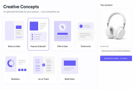 Pick Ads generating creative concept angles from a product