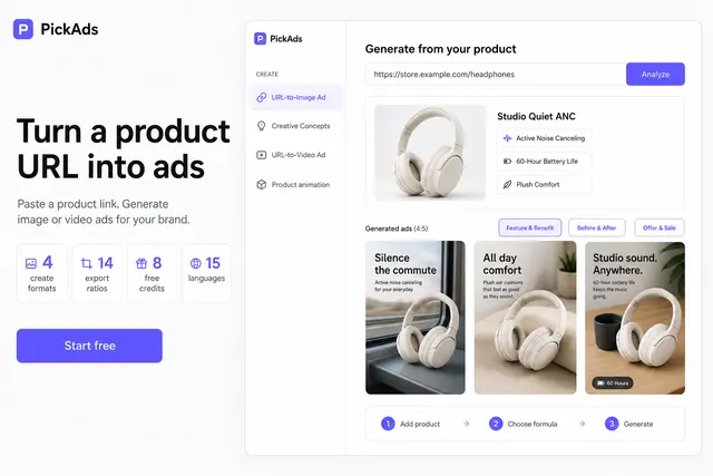 Pick Ads workspace showing generated ad creatives for a product